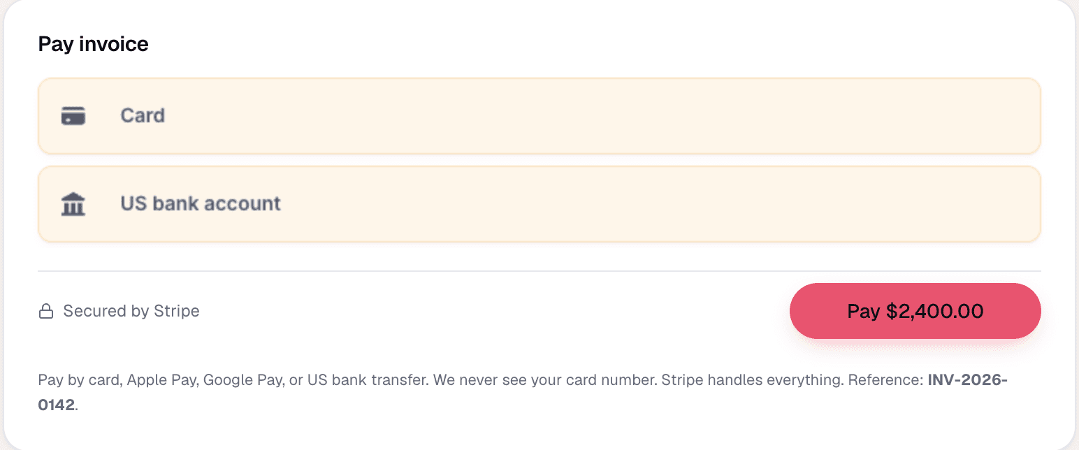 Pay invoice with two options, Card and US bank account, and a Pay $2,400.00 button