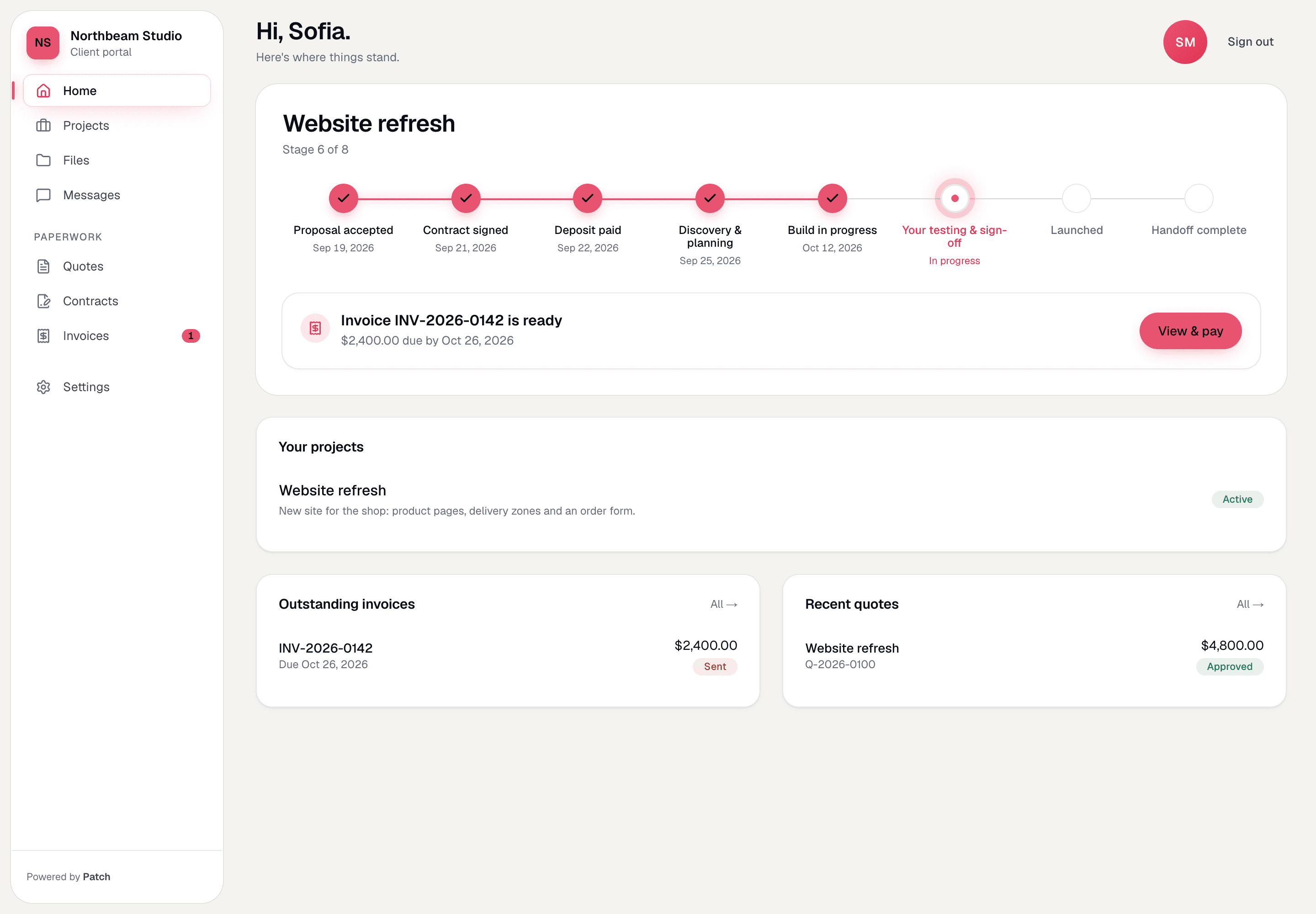 Sofia's portal from Northbeam Studio: her project's stages, an invoice ready to pay, and her quotes, all in one place
